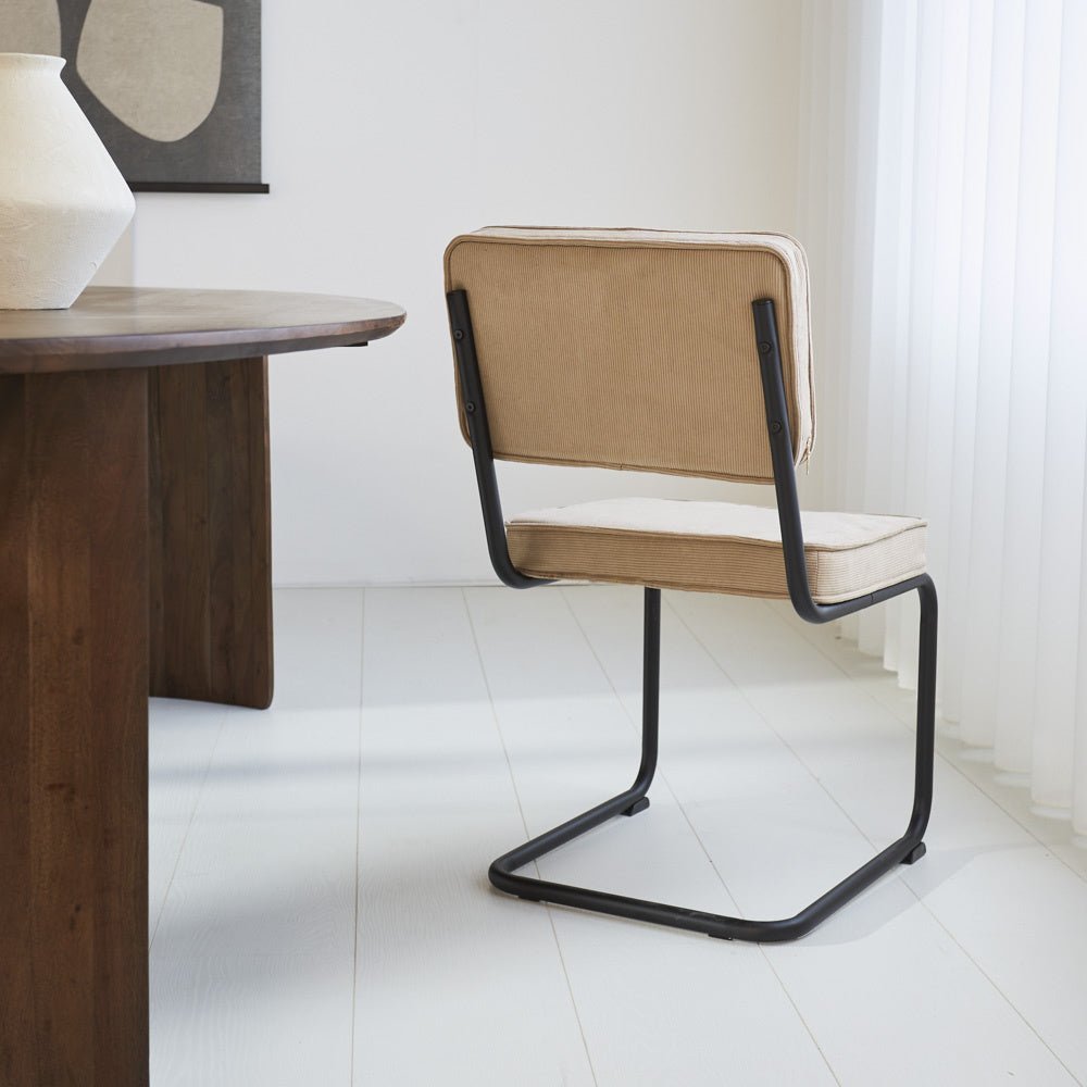Dining room chair Remo ribbed fabric Dimehouse Brown LxWxH 56x55x51 Rib fabric Atmospheric photo diagonal rear view