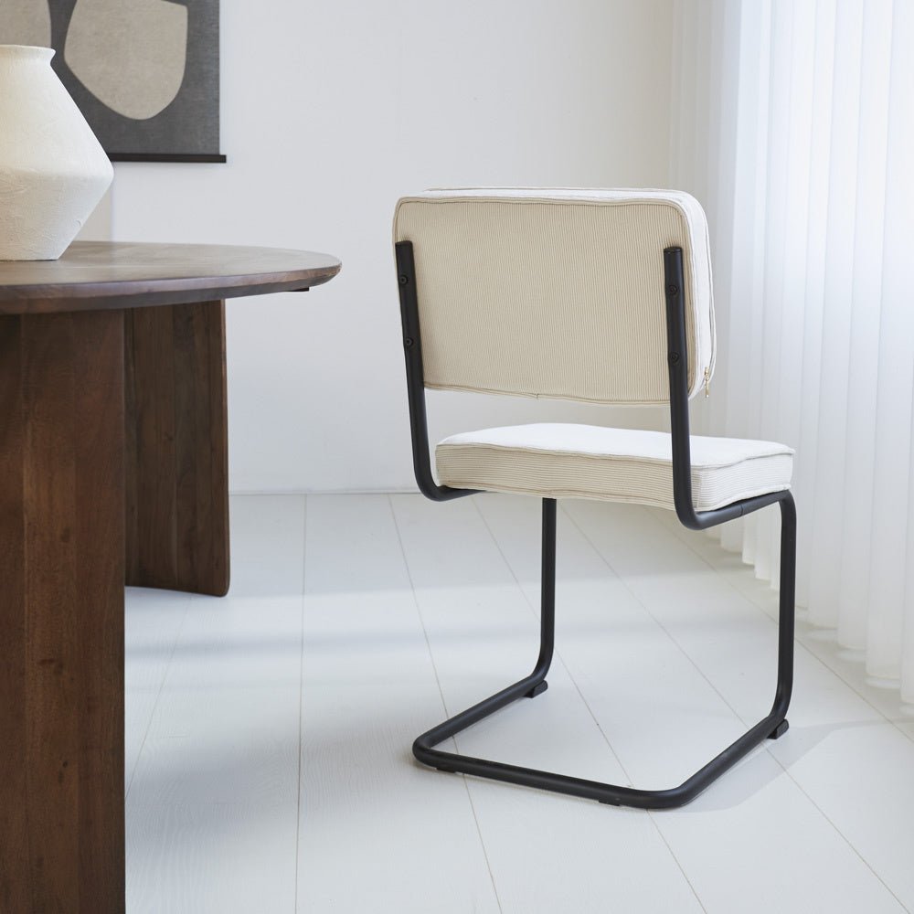 Dining room chair Remo ribbed fabric Dimehouse Beige LxWxH 56x55x52 Rib fabric Atmospheric photo diagonal rear view