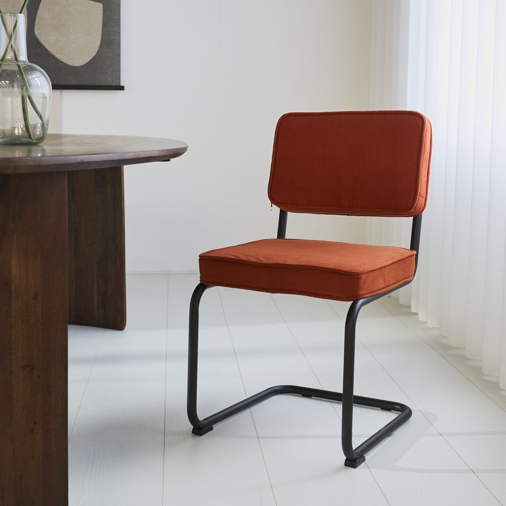 Dining room chair Remo ribbed fabric Dimehouse Rust LxWxH 56x55x52 Rib fabric Atmospheric photo diagonal front view