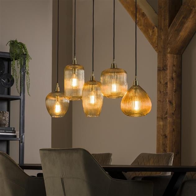 Hanging lamp Ella DH Interior Amber color glass LxWxH 127x48x27 Amber color glass Atmospheric photo diagonal front view