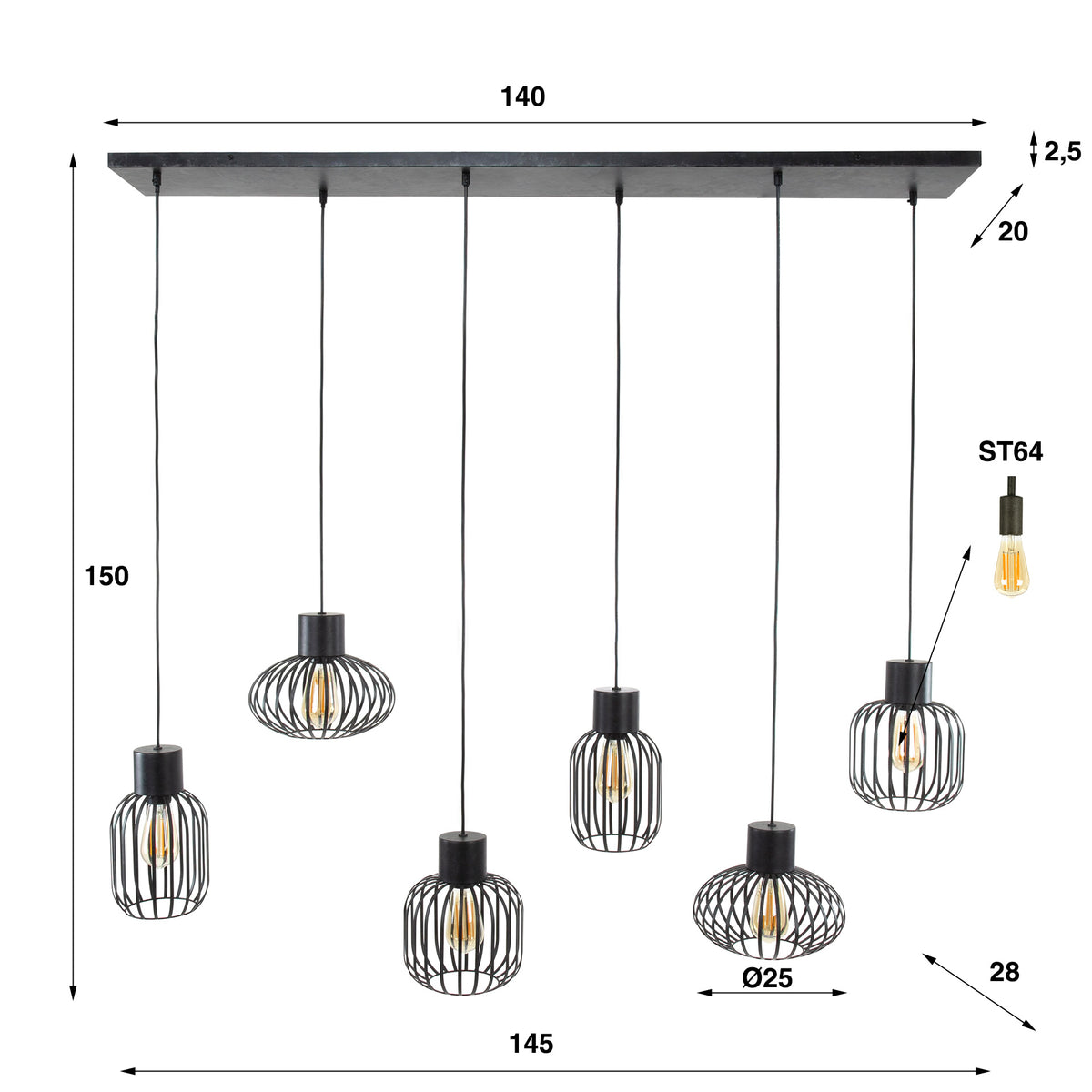 Hanging lamp Luise DH Interior Charcoal LxWxH 143x28x24 Metal White photo size indication