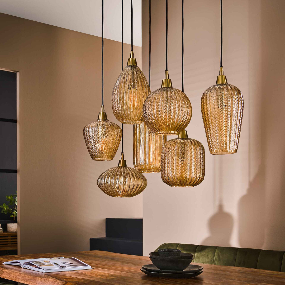 Hanging lamp Olaf DH Interior Amber color glass LxWxH 96x47x46 Amber color glass Atmospheric photo diagonal front view