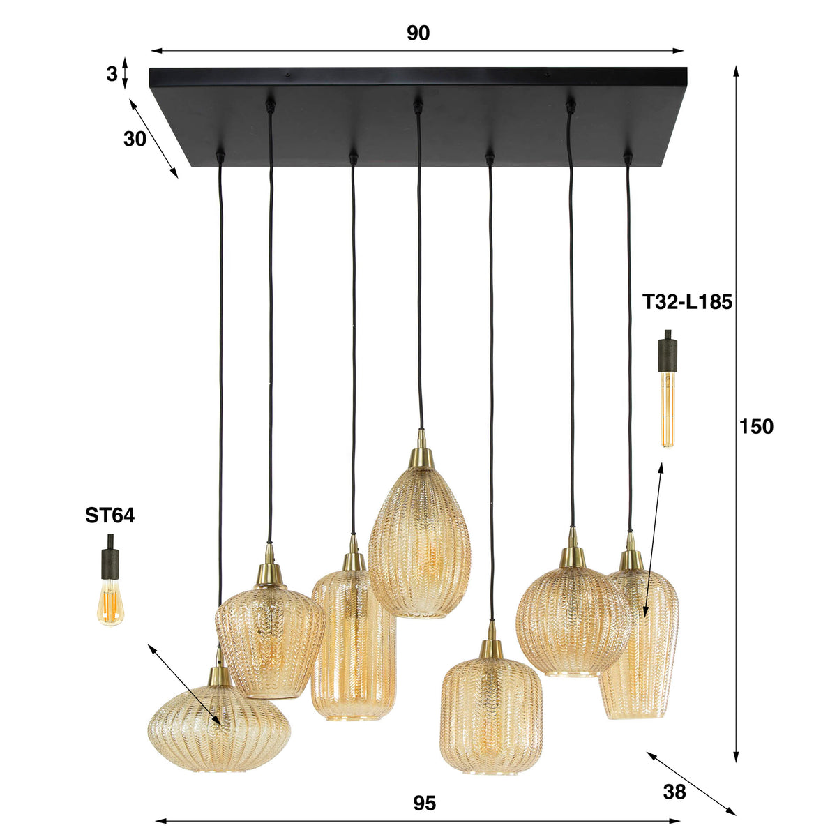 Hanging lamp Olaf DH Interior Amber color glass LxWxH 96x47x46 Amber color glass White photo size indication