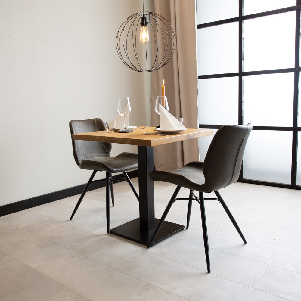 Dining table Bistro table Square Dimehouse Brown LxWxH 66x66x7 Mango wood Atmospheric photo oblique front view corner setting