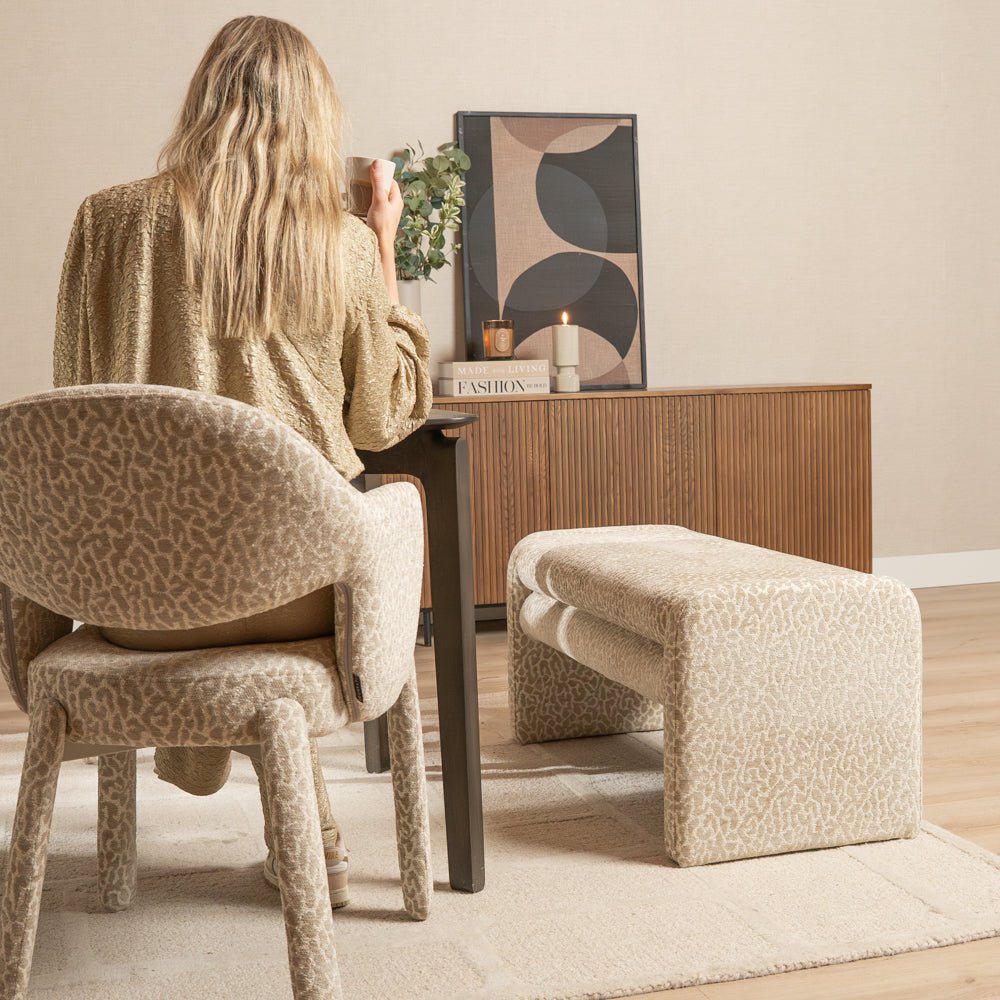Eetkamerbanken-Eetkamerbank Lux leopard taupe 100 cm Stof-Dimehouse