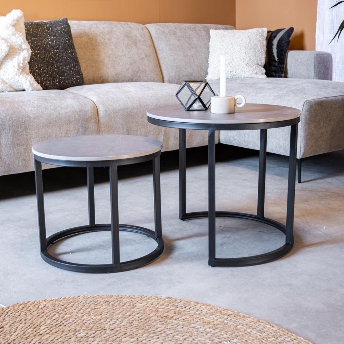 Coffee Tables - Round Coffee Table Set of 2 Sintered Stone Marble Look Paige Gray - Dimehouse