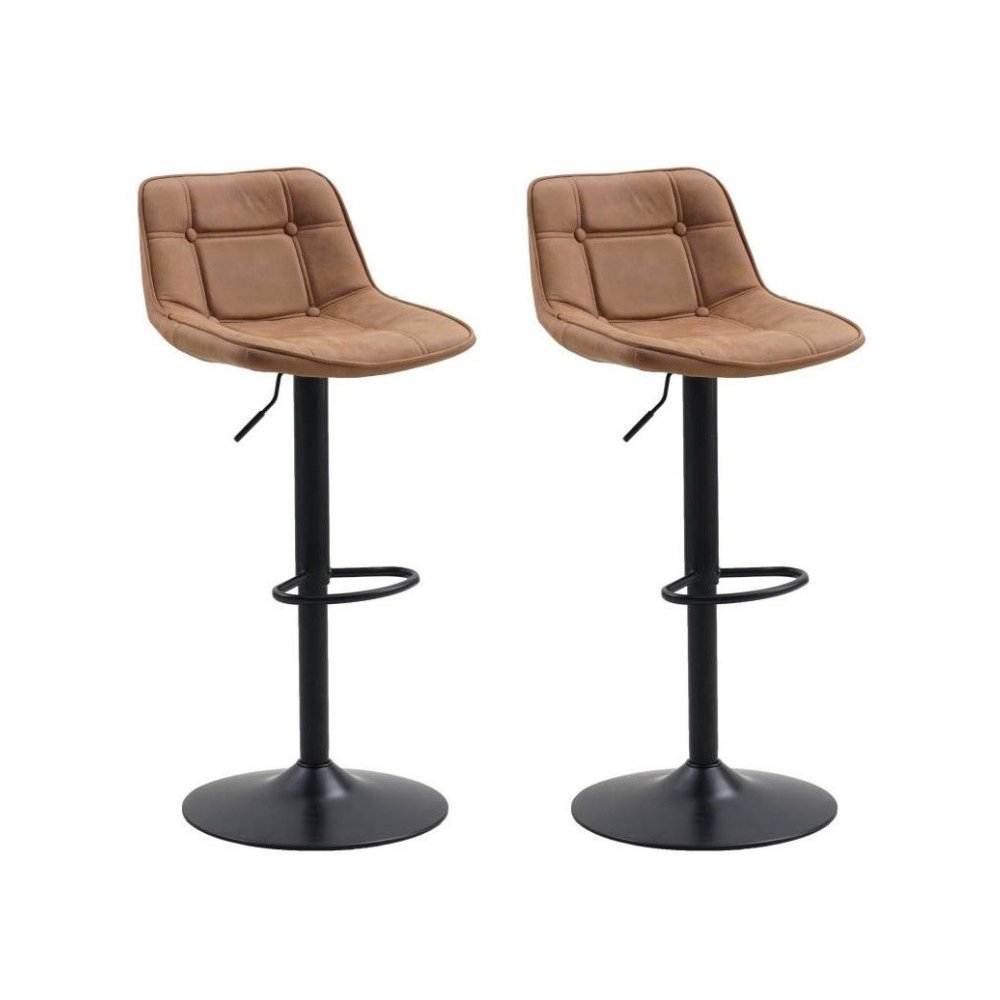 Bar Stools - Set of 2 Industrial Swivel Bar Stools Cognac Microfiber Fabric Keston - Adjustable - Dimehouse
