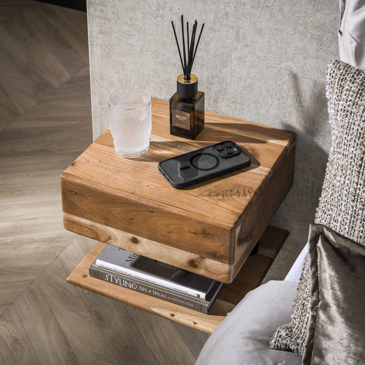 Bedside Tables - Floating Bedside Table Ian Acacia Wood with Drawer and Shelf - Dimehouse