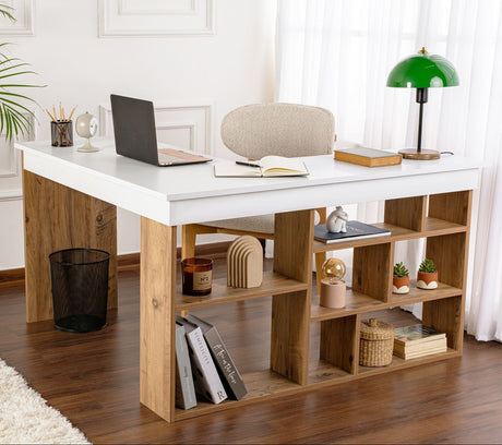 Desks - Vesper Study desk 130x120 cm white pine wood White Atlantic Pine Melamine - Dimehouse
