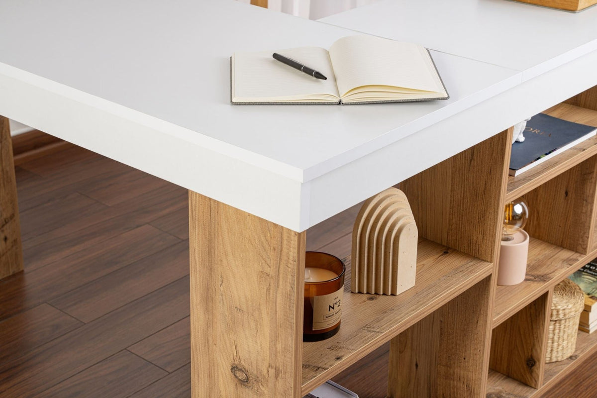 Desks - Vesper Study desk 130x120 cm white pine wood White Atlantic Pine Melamine - Dimehouse
