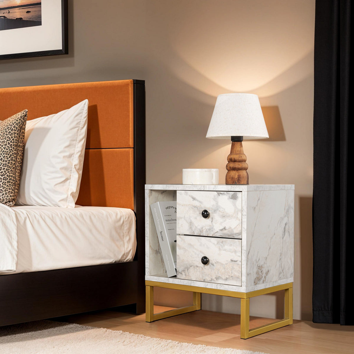 Bedside tables - Bedside table Marble Melamine Gold Frame Pulsar - Dimehouse