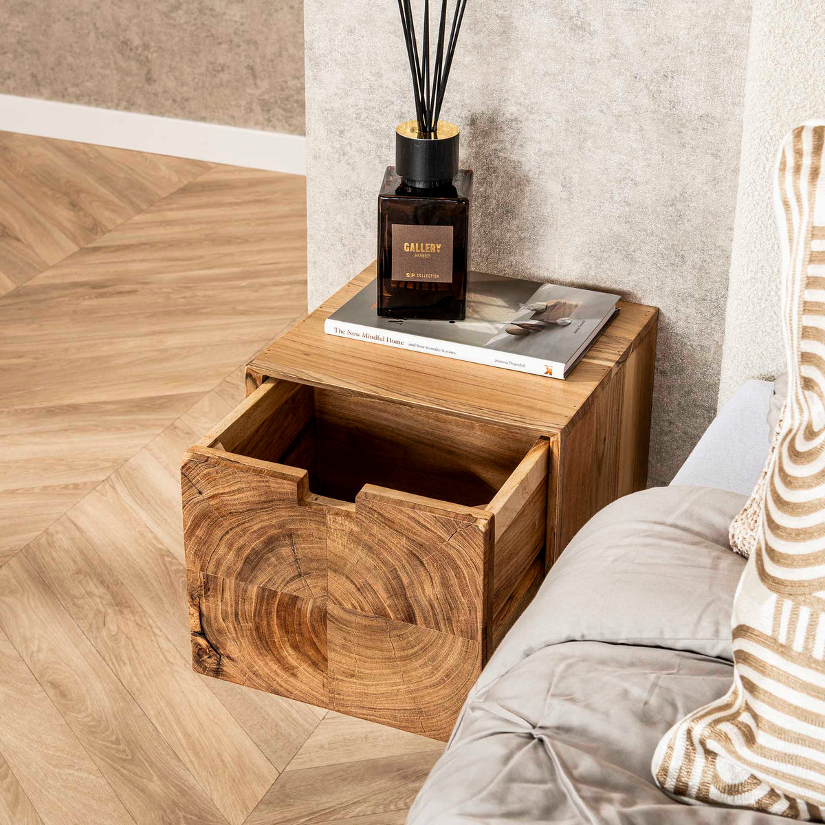 Bedside Tables - Floating Bedside Table Acacia Wood Nova with 1 Drawer - 30x25x29 cm - Dimehouse