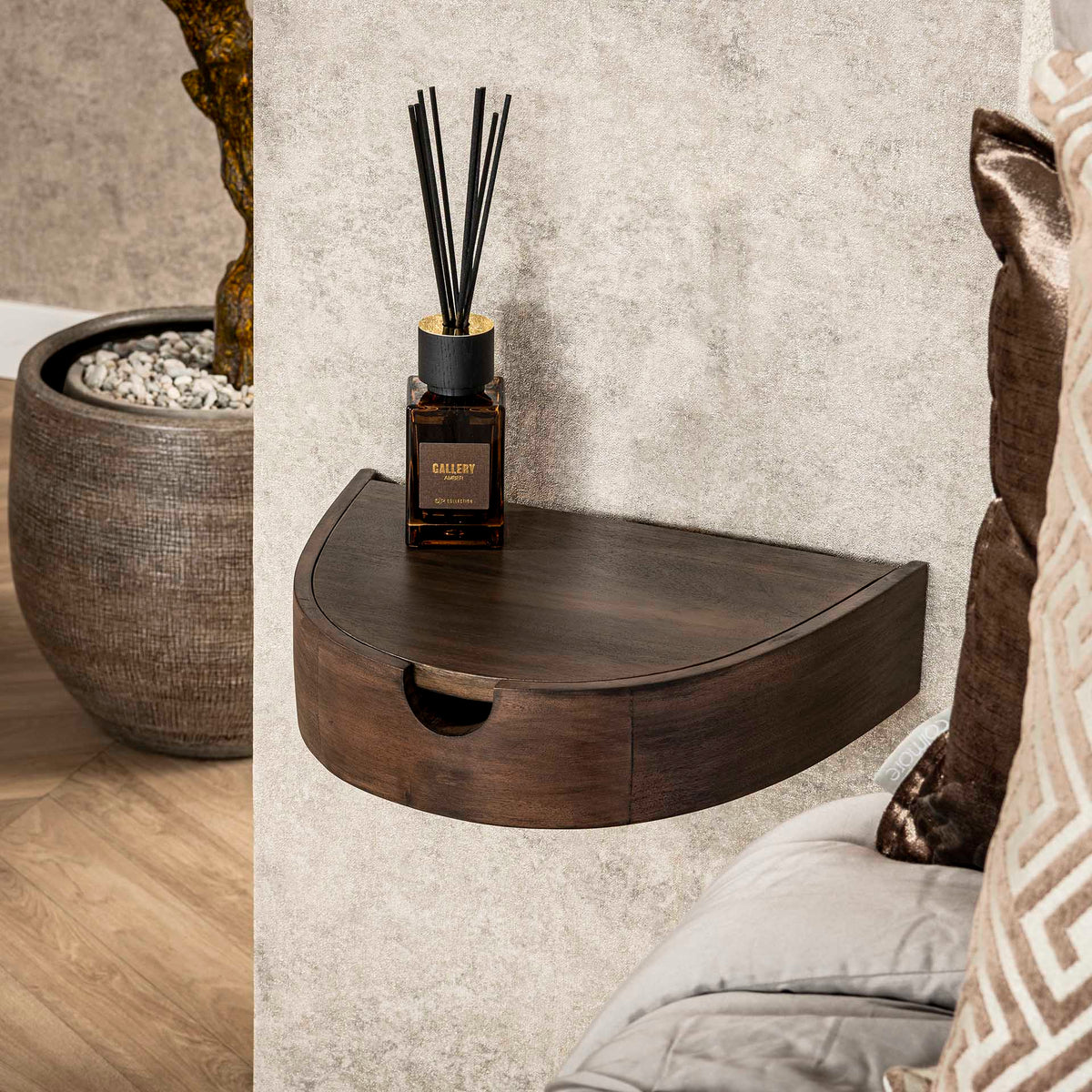 Bedside Tables - Floating Semicircular Bedside Tables Set 2 Acacia - Dimehouse