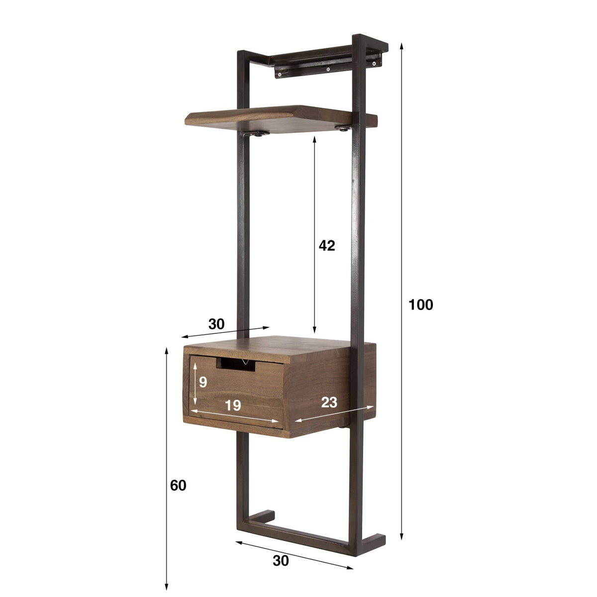 Bedside Tables - Narrow Bedside Table Industrial Naomi Acacia Wood 1 Drawer Drift Brown - Dimehouse
