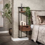 Bedside Tables - Narrow Bedside Table Industrial Naomi Acacia Wood 1 Drawer Drift Brown - Dimehouse