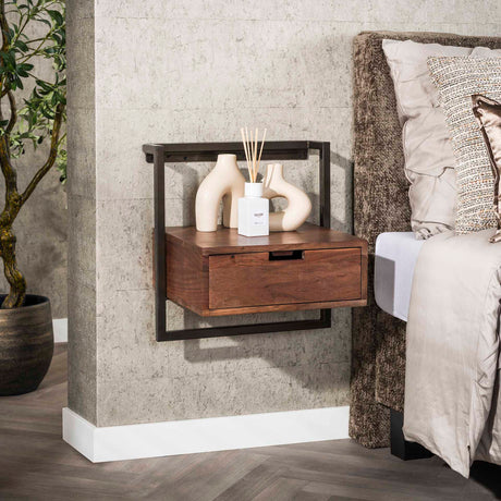 Bedside Tables - Floating Bedside Table Industrial Naomi Acacia Wood 1 Drawer Drift Brown - Dimehouse