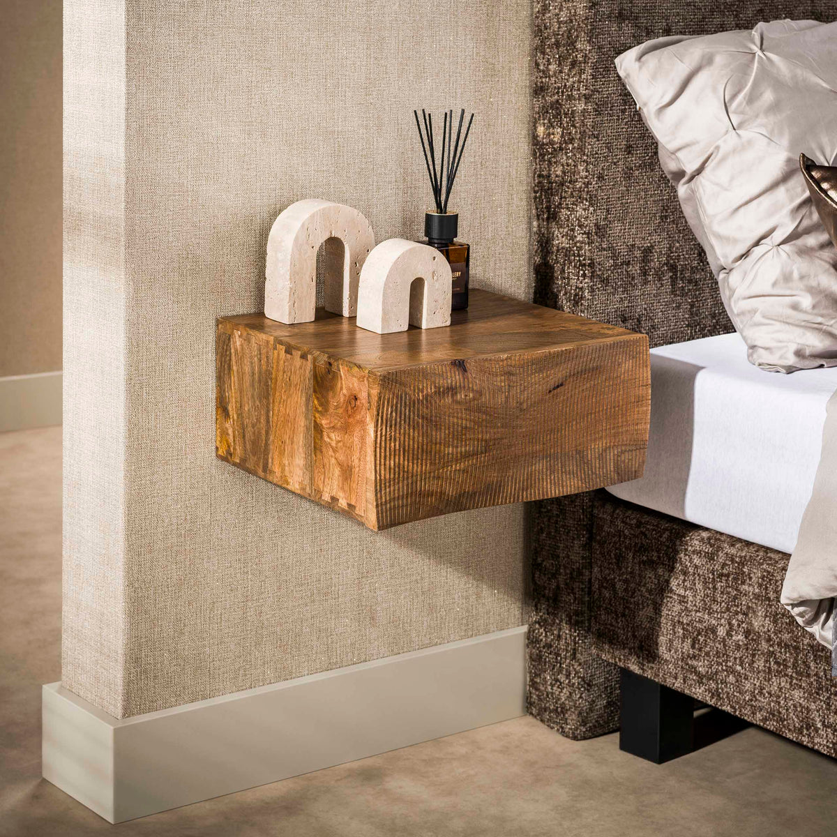 Bedside table - Floating bedside table 1 drawer sand color Mango wood Oona - Dimehouse