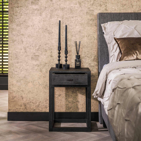 Bedside tables - Bedside table Black Acacia Wood Davey 1 Drawer - Dimehouse