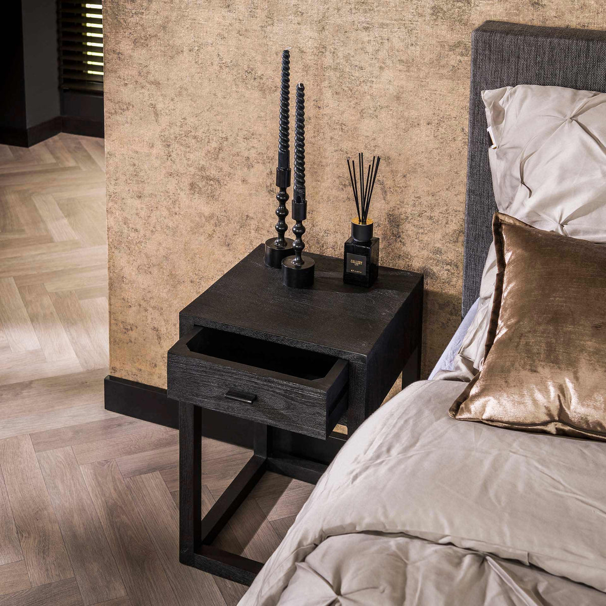 Bedside tables - Bedside table Black Acacia Wood Davey 1 Drawer - Dimehouse