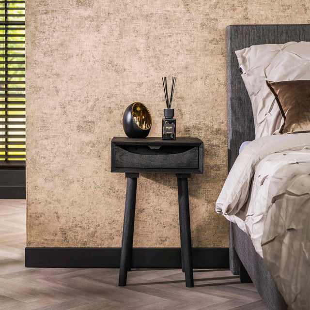 Bedside tables - Davey Bedside Table Black Acacia Wood with Drawer and Notch - Dimehouse