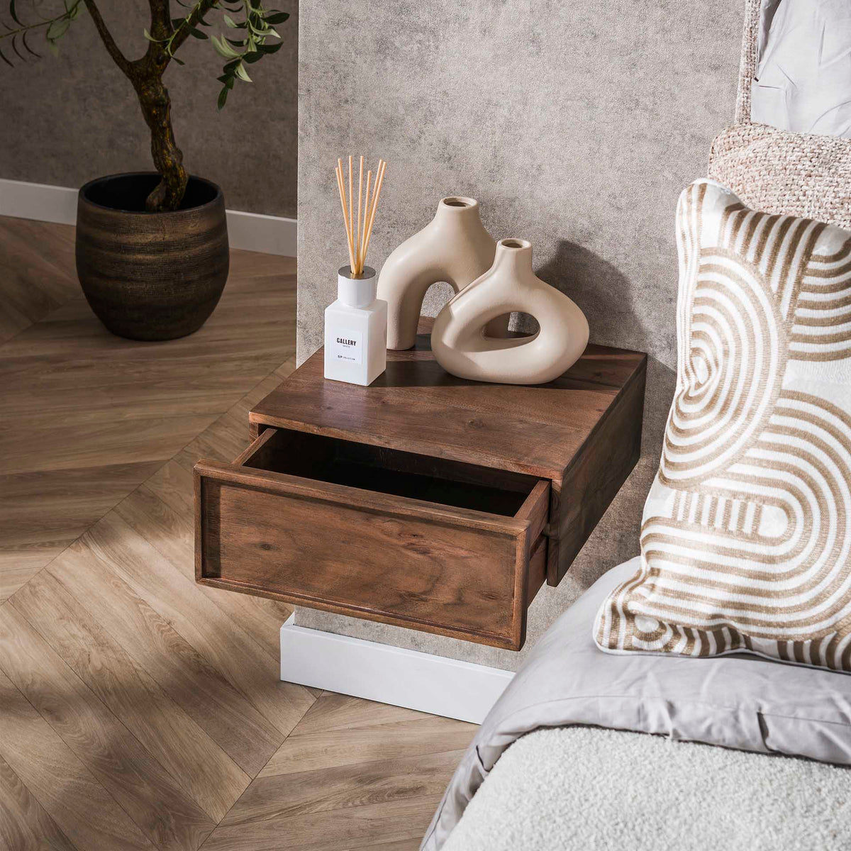 Bedside Tables - Floating Bedside Table Lio Acacia Drift Brown - Dimehouse