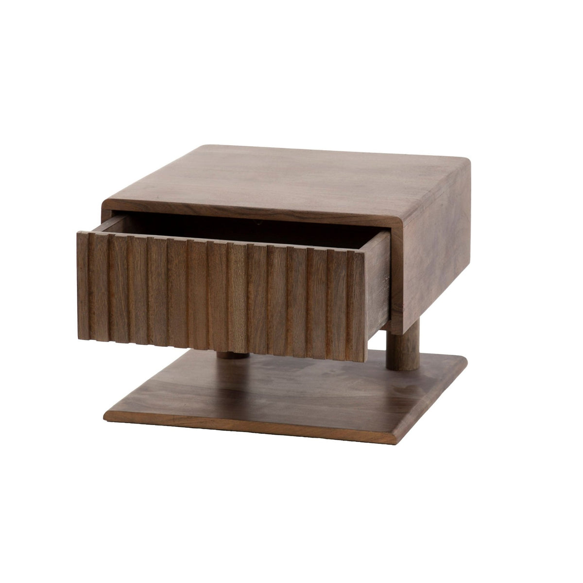 Bedside Tables - Floating Bedside Table Dex Acacia Wood Drift Brown 1 Drawer Open Shelf - Dimehouse