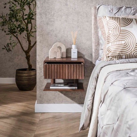 Bedside Tables - Floating Bedside Table Dex Acacia Wood Drift Brown 1 Drawer Open Shelf - Dimehouse