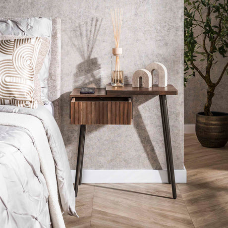 Bedside tables - Oslo Bedside Table Right Acacia Wood Drift Brown 1 Drawer - Dimehouse
