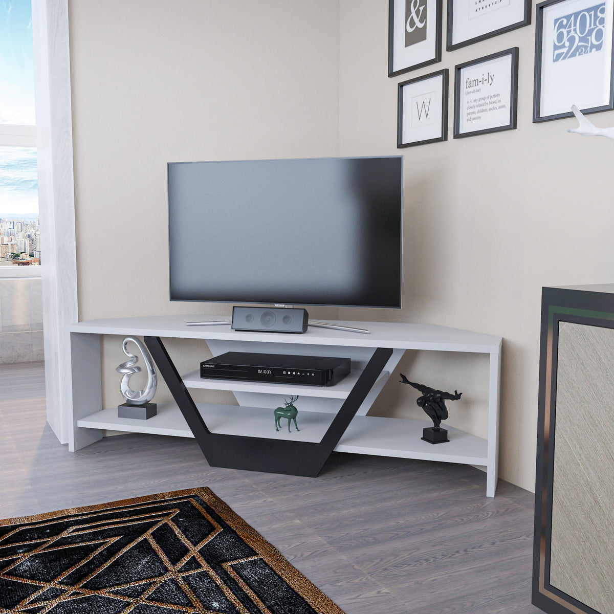 Sares TV cabinet white-black 120 cm White, Black Melamine coated wood composite