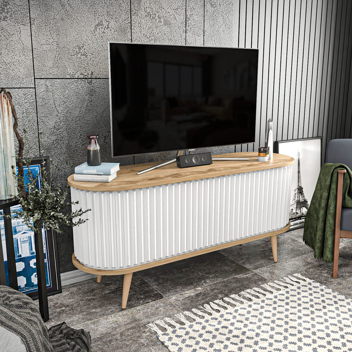 TV Furniture - TV Furniture Stor Oak White Melamine 140x64x43 cm - Dimehouse