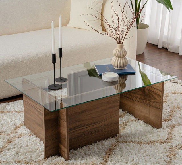 Coffee Tables - Rectangular Modern Coffee Table Vetroni Walnut Look - Glass - 105x65 cm - Dimehouse