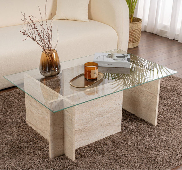 Coffee Tables - Rectangular Modern Coffee Table Vetroni Travertine Look - Glass - 105x65 cm - Dimehouse