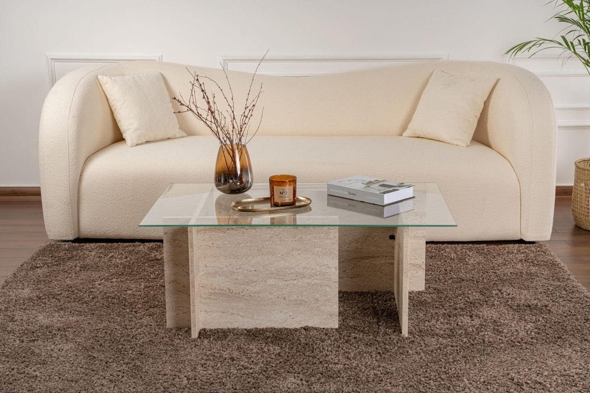 Coffee Tables - Rectangular Modern Coffee Table Vetroni Travertine Look - Glass - 105x65 cm - Dimehouse
