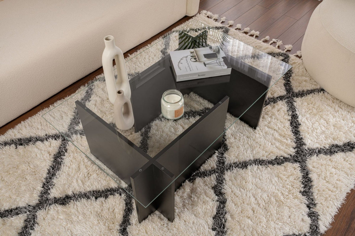 Coffee Tables - Rectangular Modern Coffee Table Vetroni Black Wood Look - Glass - 105x65 cm - Dimehouse