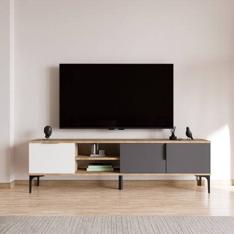 Tarz TV cabinet with open compartments 180 cm White, anthracite and oak look Melamine coated wood composite