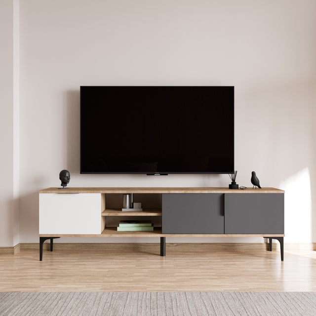 Tarz TV cabinet with open compartments 180 cm White, anthracite and oak look Melamine coated wood composite