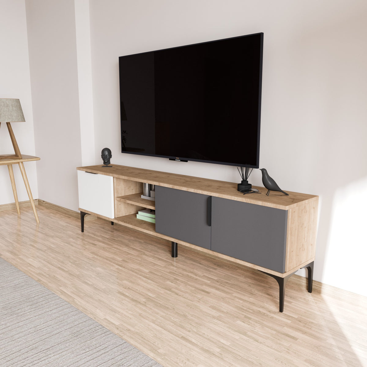 Tarz TV cabinet with open compartments 180 cm White, anthracite and oak look Melamine coated wood composite