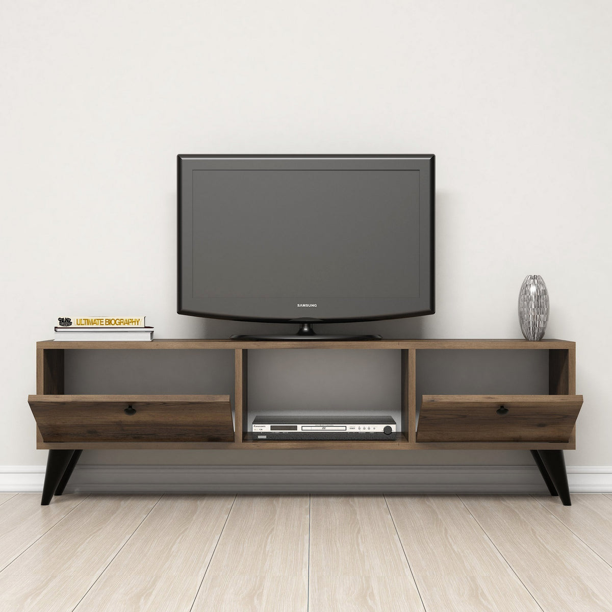 TV Furniture - TV Furniture Serenat Walnut Black Melamine 138x42.6x29.5 cm - Dimehouse