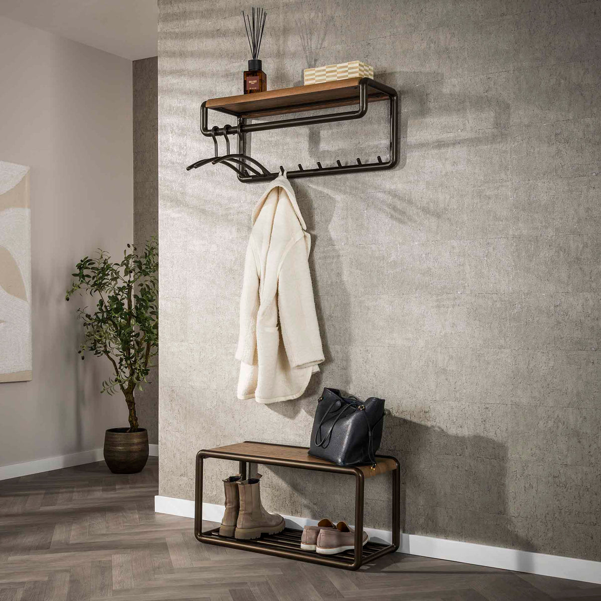 Coat racks - Coat rack Senna rod and hat shelf 8 hooks Drift brown - Dimehouse