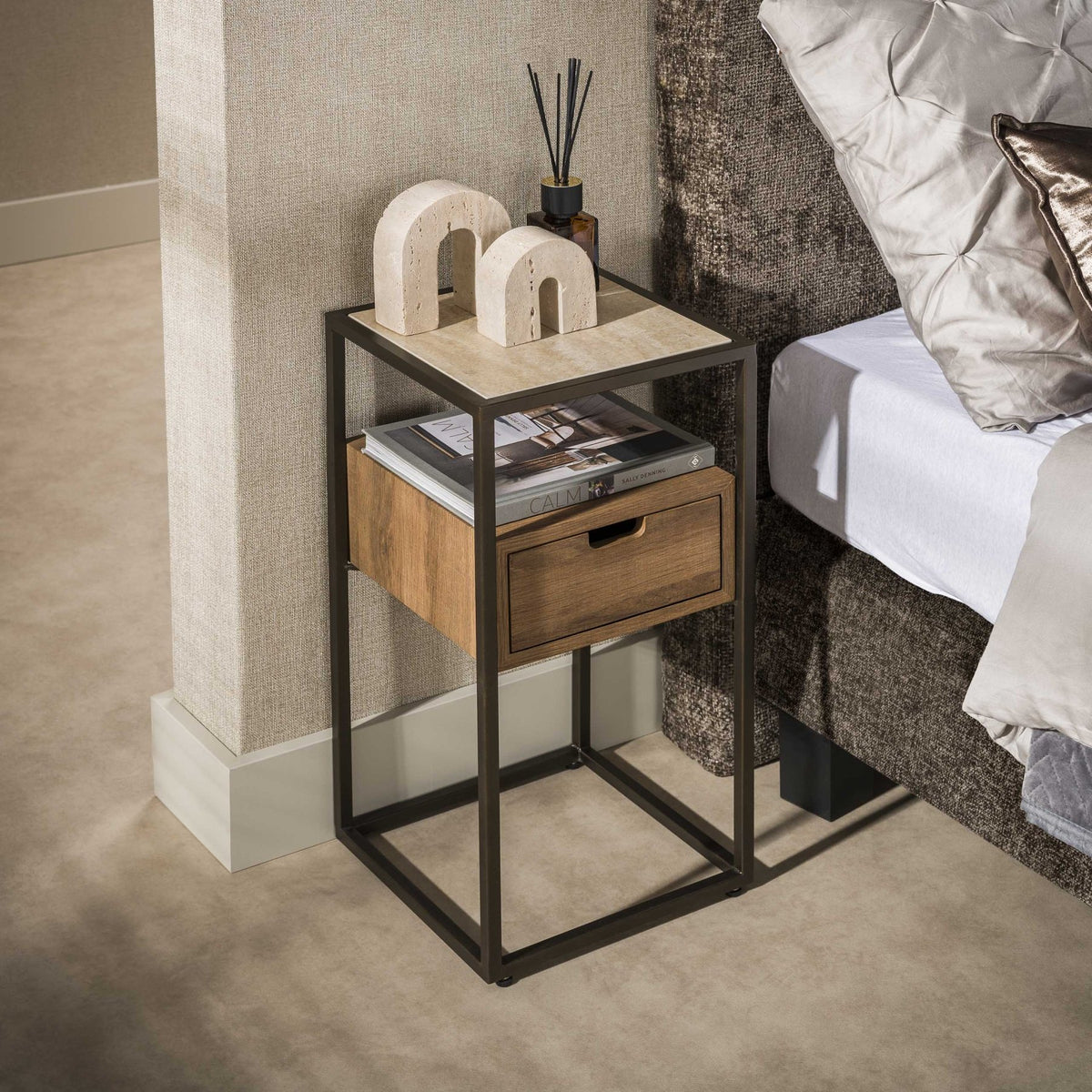 Bedside table - Bedside table with 1 drawer ceramic travertine oak Cady - Dimehouse
