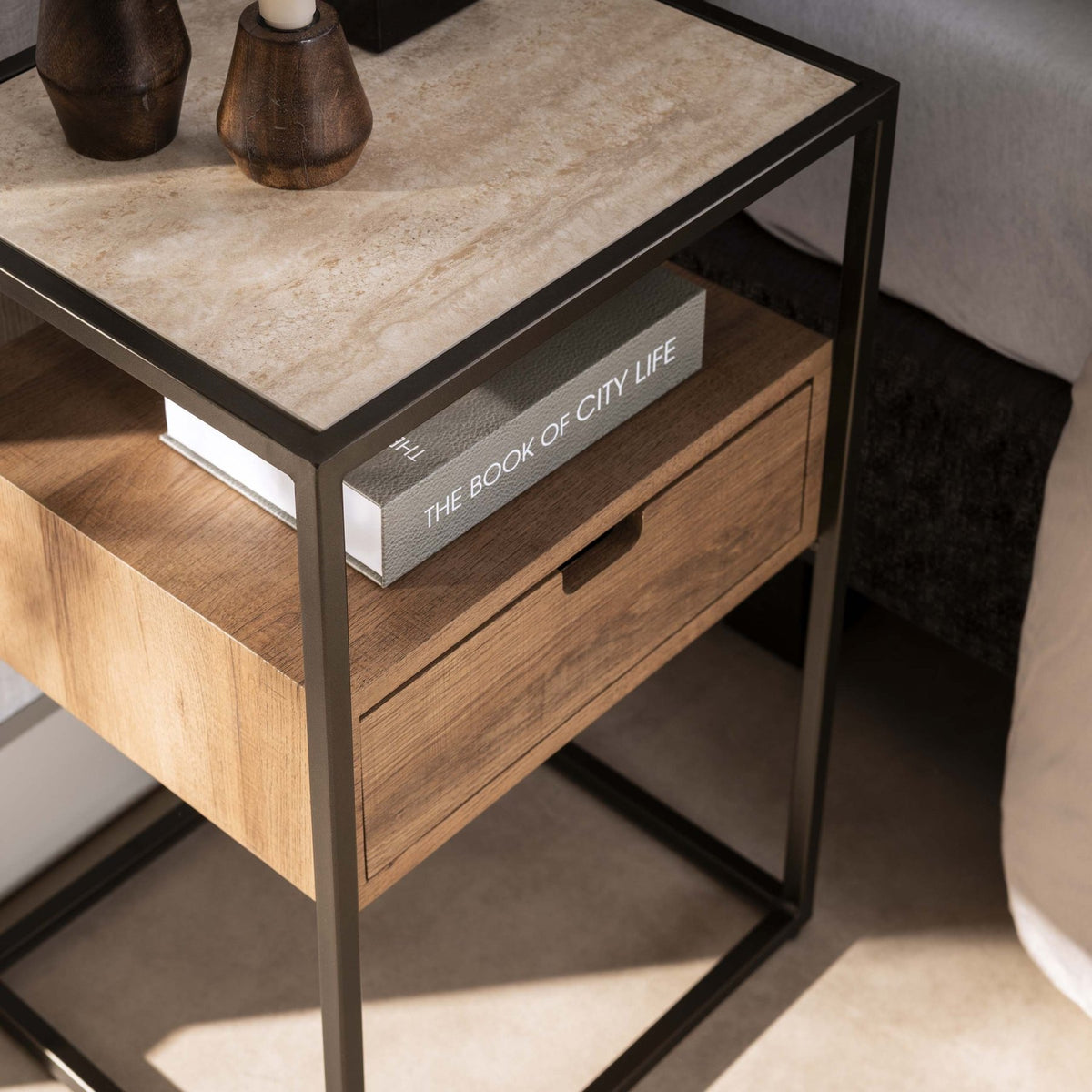 Bedside tables - Bedside table 1 drawer Ceramic travertine Cassi 40x35x60 cm - Dimehouse