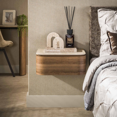 Bedside table - Floating bedside table with 1 drawer ceramic travertine oak Cady - Dimehouse