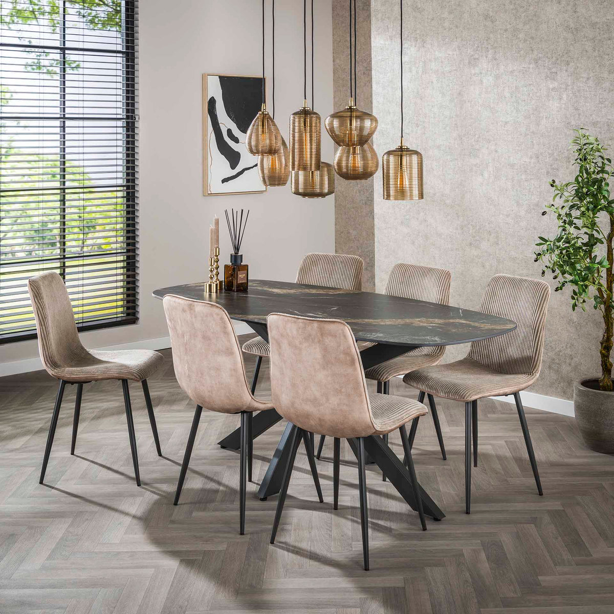 Dining room chairs - Modern Dining room chair Lento Rib Rock Fabric Ivory - Dimehouse