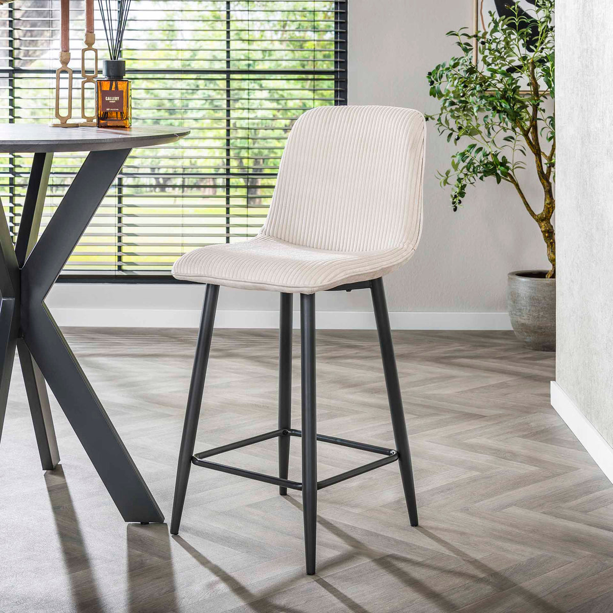 Bar Stools - Modern Bar Stool Lento Rib Rock Fabric Ivory Rib Structure - Dimehouse