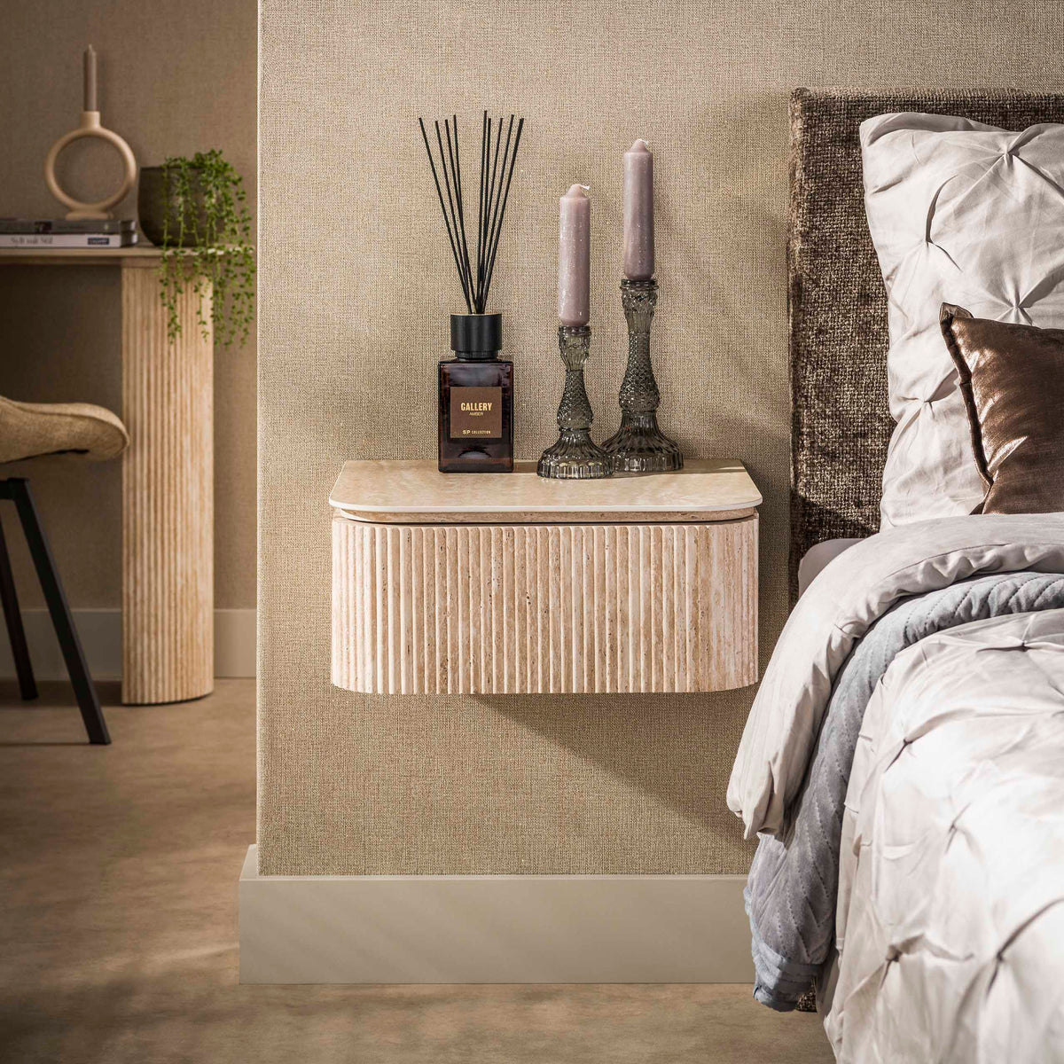 Bedside table - Floating bedside table with 1 drawer Jimi beige ceramic travertine - Dimehouse