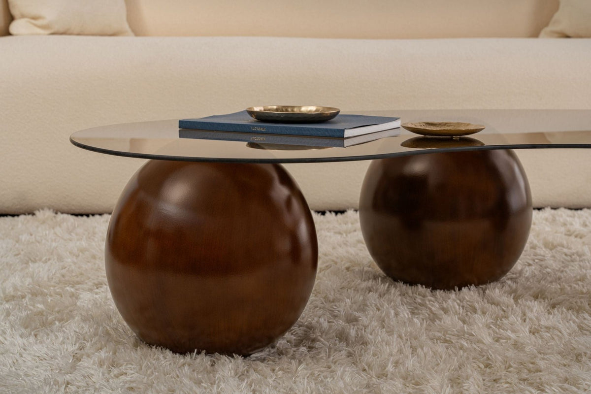 Coffee tables - Organic coffee table bronze tinted glass walnut ball legs Sphere 120x70 cm - Dimehouse