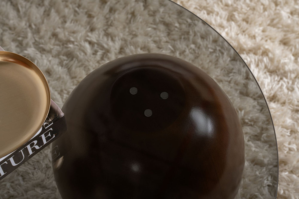 Coffee tables - Organic coffee table gray tinted glass walnut ball legs Sphere 120x70 cm - Dimehouse
