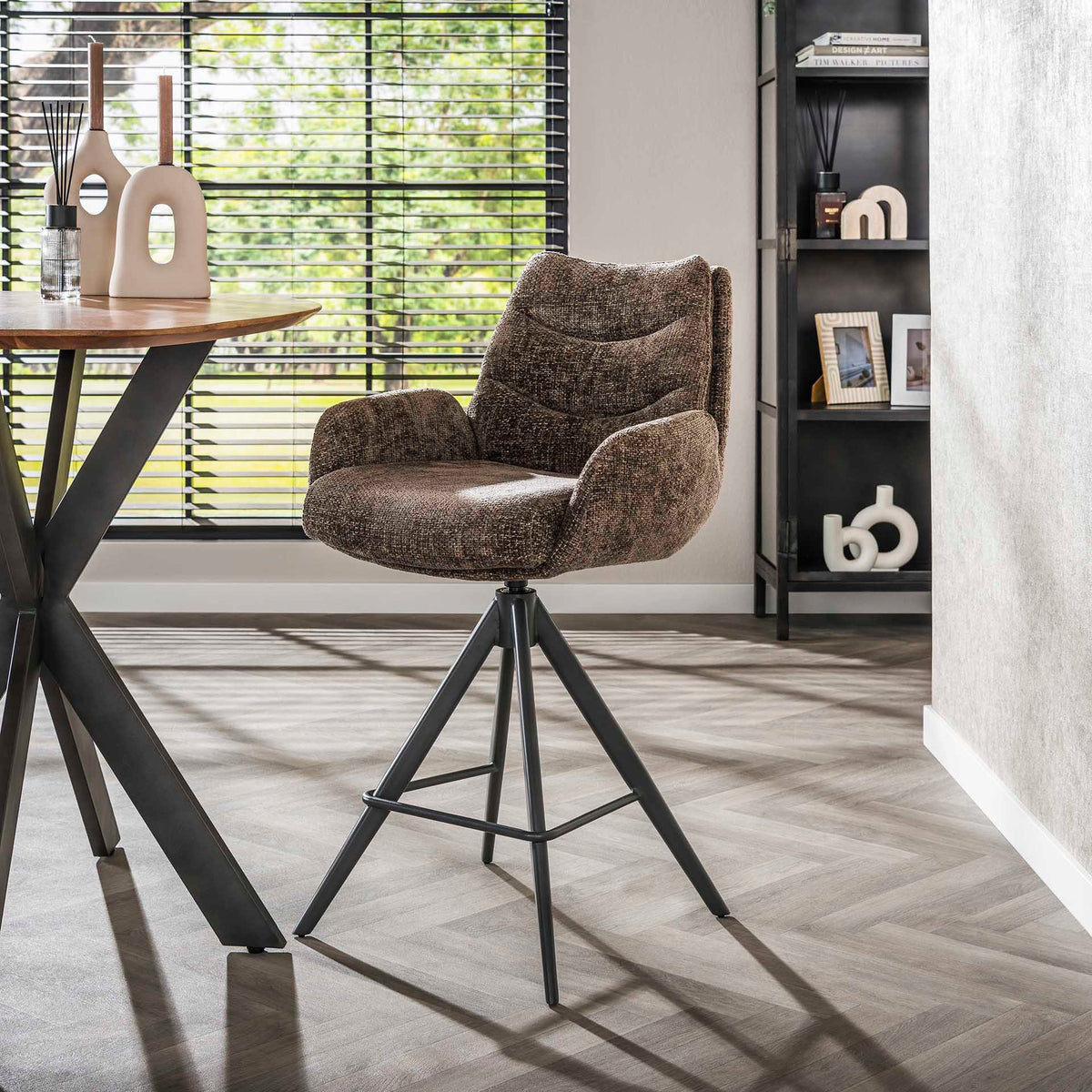 Bar Stools - Set of 2 Bar Stools Elite Taupe Chenille Fabric Rich Rotatable - Dimehouse