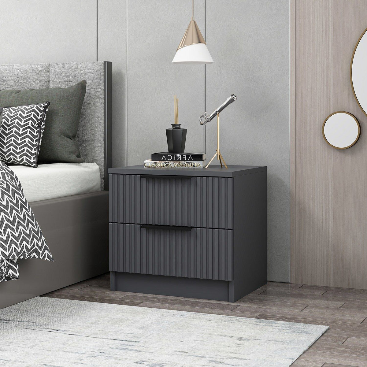 Bedside tables - Kala Plus Bedside Table Anthracite Melamine 50x47x40 cm - Dimehouse