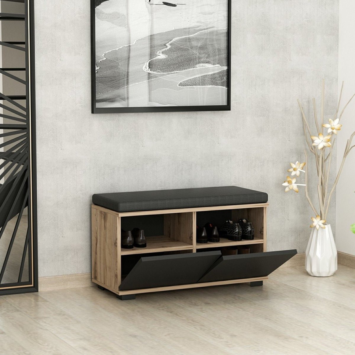 Shoe cabinets - Shoe cabinet Drago Walnut Black Melamine 80x42x35 cm - Dimehouse